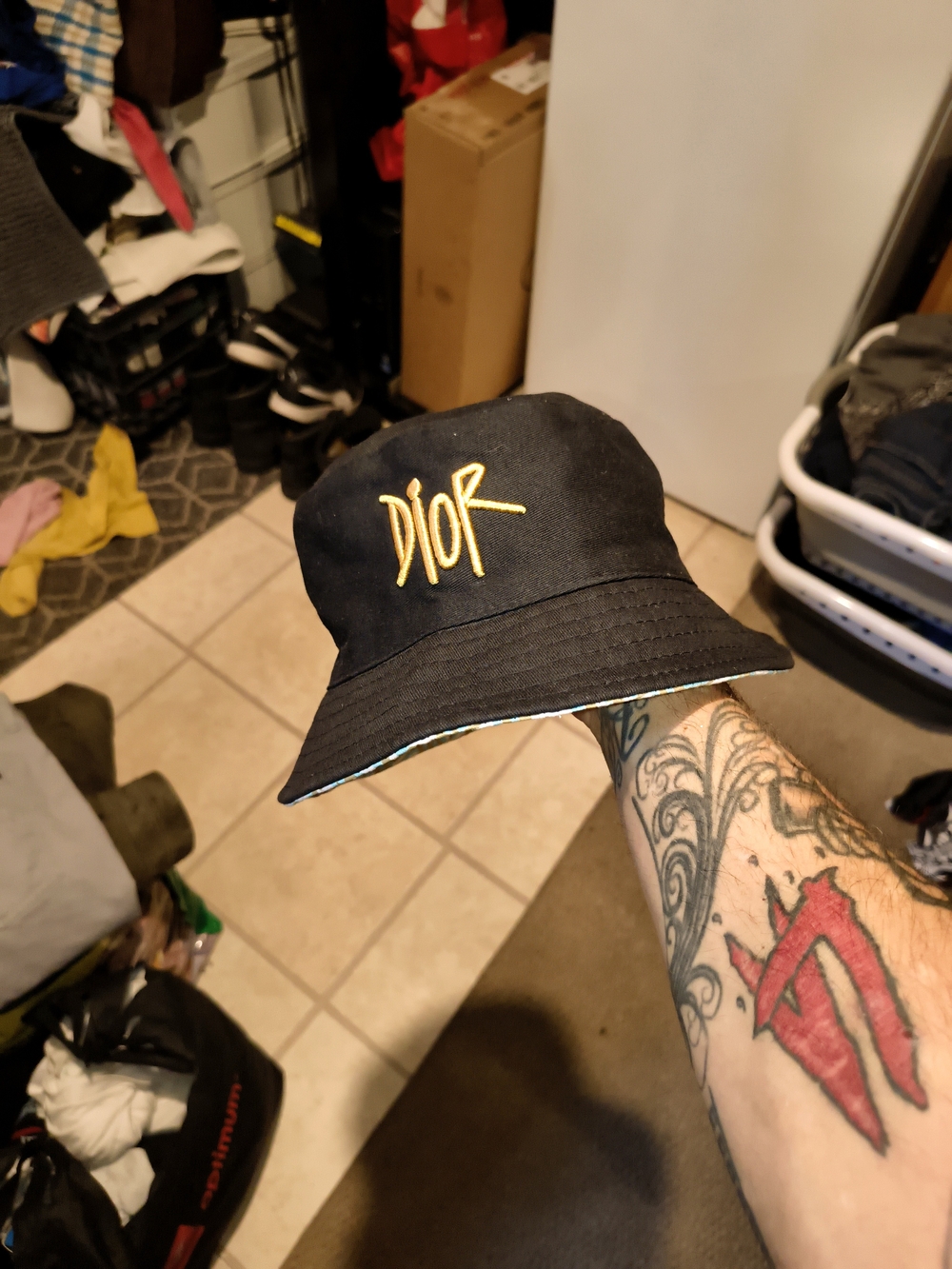 Dior Black Bucket Hat with Gold Embroidered Logo